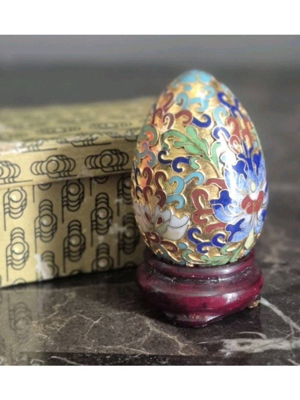 Vintage Cloisonné Golden Egg with Detailed Flower Design - 4” x 2.5”